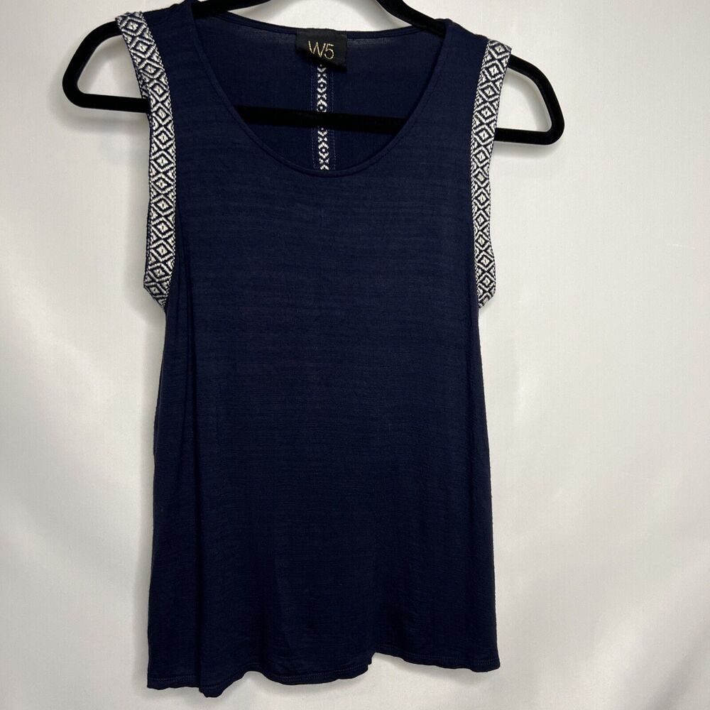 W5 Anthropologie Womens Sz Small Navy Blue Tank Top w/ Embroidered Tape Trim